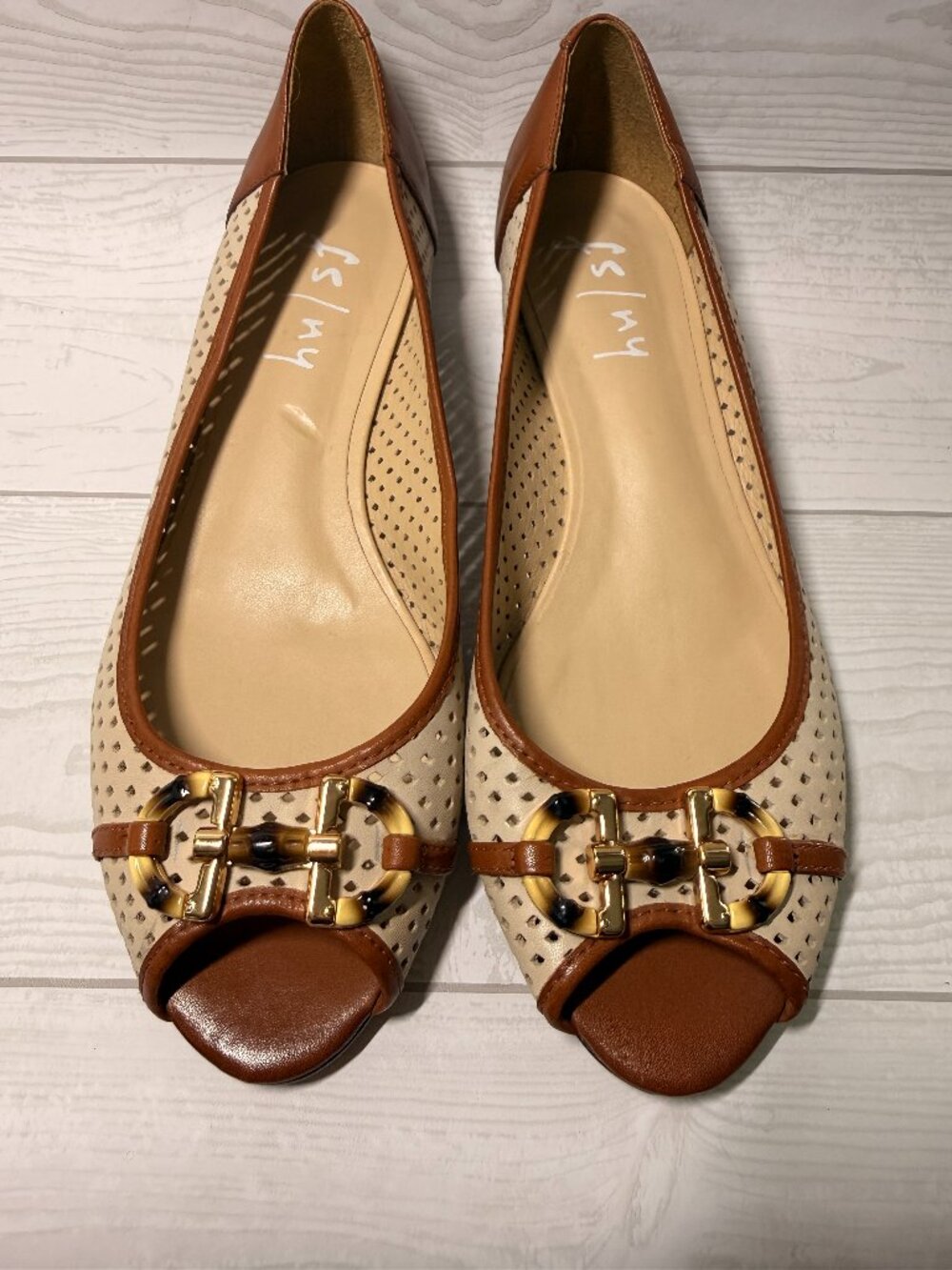FS/NY Leather Peep Toe Flats Size 10 Cream Brown Tortoise Hardware